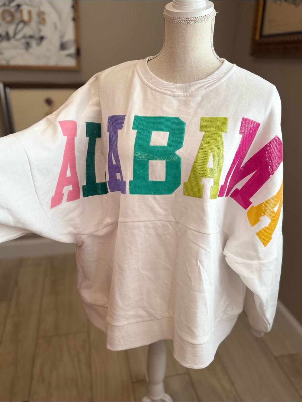 QUEEN OF SPARKLES Varsity Sequin Alabama White Sweatshirt